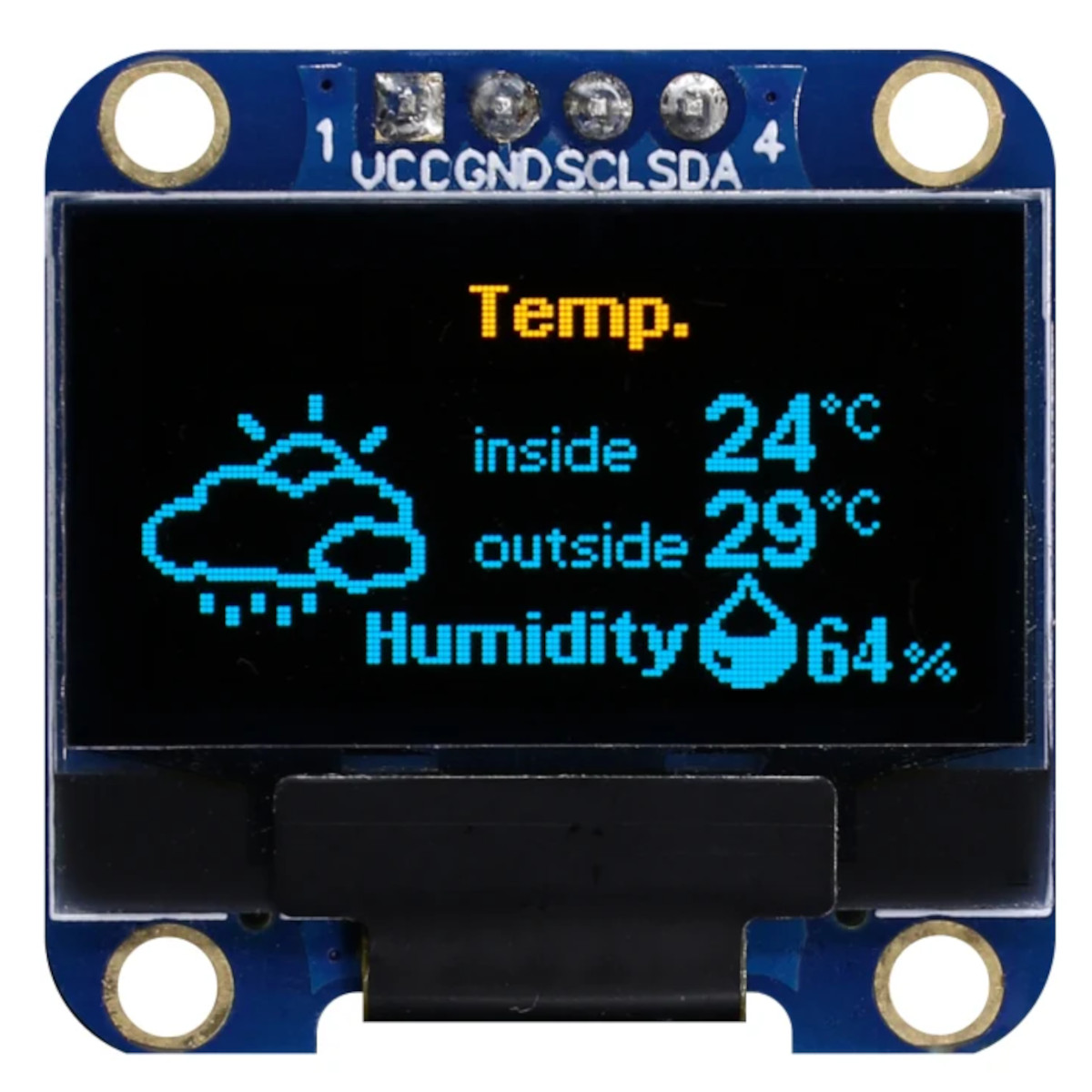 0.96" 128x64 OLED Display Module - Blue Pixels, I2C 4-Pin, SSD1306