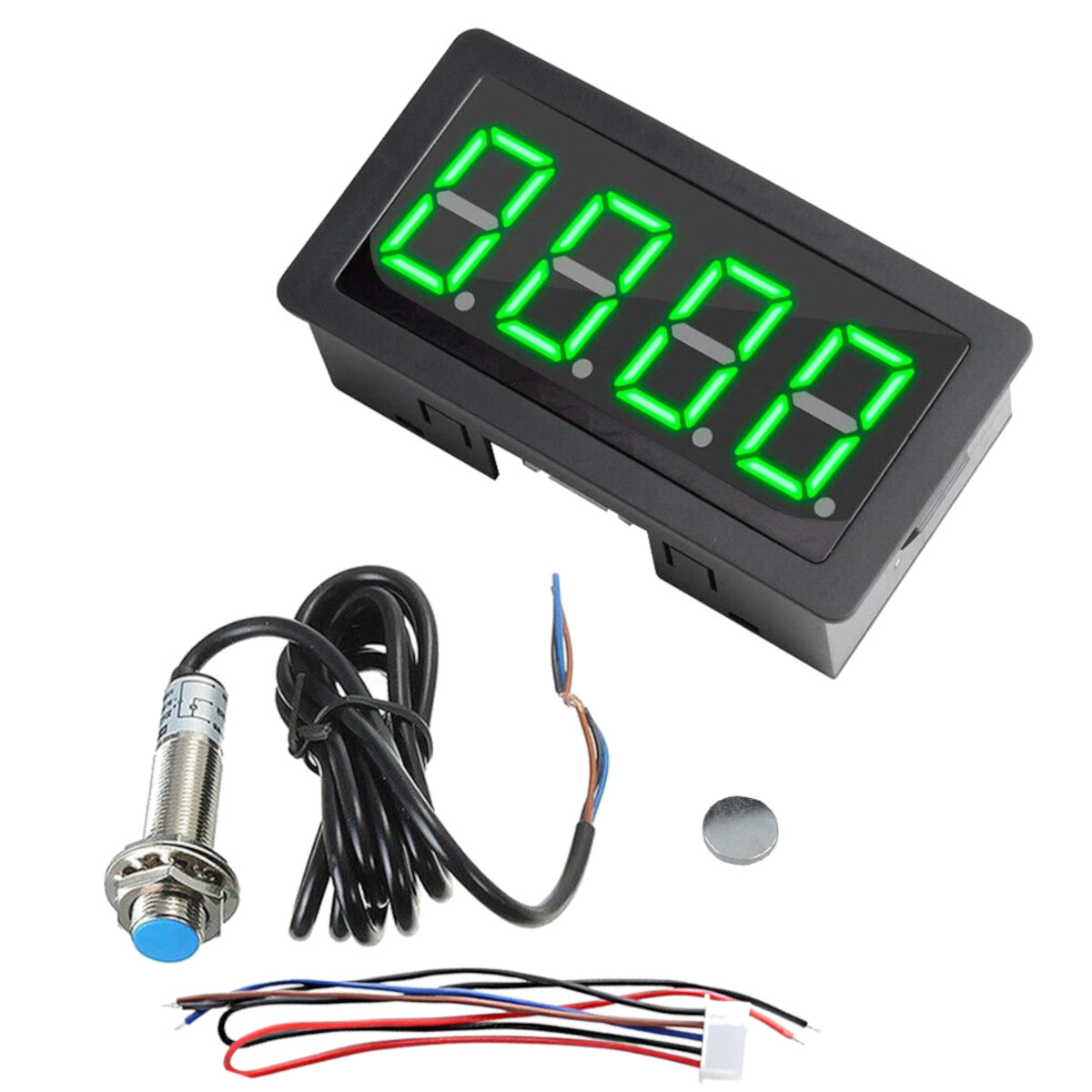 Digital LED Tachometer RPM Speed Meter - 4-Digit Green Display with Hall Proximity Sensor