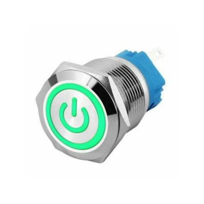 ProMax 19mm Metal Push Button Switch Waterproof 12V-24V Green Power Symbol Latching