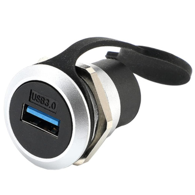 Round USB 3.0 Panel Mount Connector - 22mm Silver Metal Body with Waterproof Cover