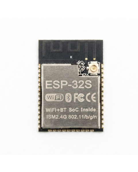 ESP-32S WiFi and BLE IoT Wireless Module front view; 2. ESP-32S u.FL antenna connector close-up; 3. ESP-32S surface mount bottom pin pads; 4. ESP-32S module connected to external 2.4GHz antenna; 5. ESP-32S module dimensions and scale