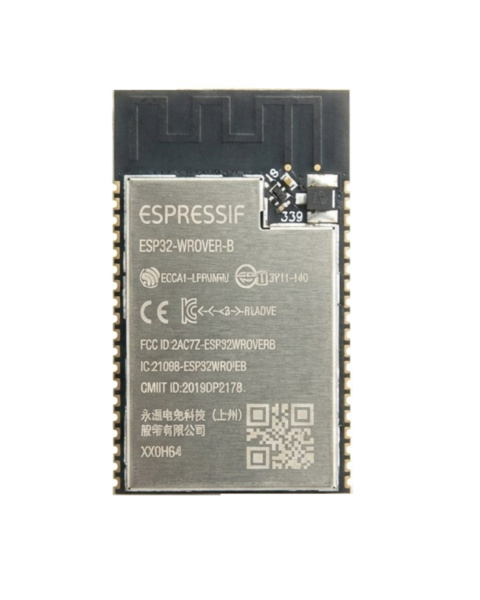 Top view of Espressif ESP32-WROVER-B module showing shield and PCB antenna, 2. Bottom pinout view of ESP32 WROVER module, 3. ESP32-WROVER-B 8MB Flash 8MB PSRAM size comparison, 4. ESP32 WROVER chipset for IoT applications, 5. Espressif ESP32-WROVER-B wiri