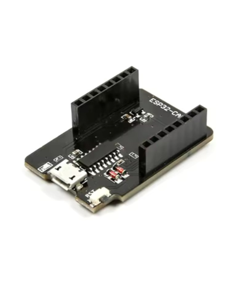 ESP32-CAM-MB Micro USB Programmer Shield Top View, ESP32-CAM-MB Shield with ESP32-CAM Mounted, Side Profile of ESP32-CAM-MB Programmer, Micro USB Port Detail on ESP32-CAM-MB, ESP32-CAM-MB Pinout Header Detail