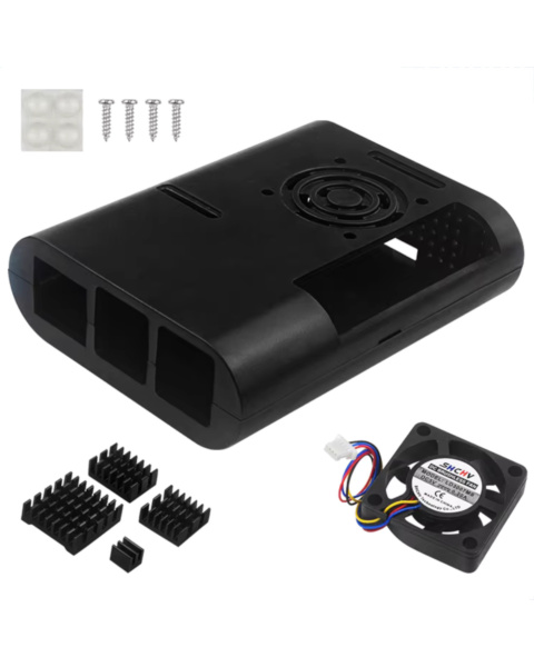 Black ABS Enclosure Case for Raspberry Pi 5 with Active 5V Cooling Fan & Aluminum Heatsinks
