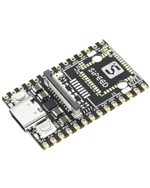 Sipeed LicheeRV Nano-B Front View, SG2002 Chipset Close-up, LicheeRV Nano Pinout Header, Size Comparison with Coin, Side Profile Showing PCB Thickness