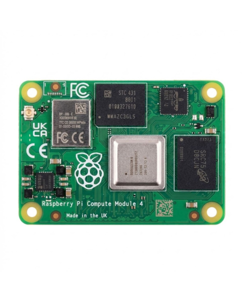 Raspberry Pi Compute Module 4 Top View, CM4 High-Density Connector Detail, 8GB RAM Chip Close-up, Wireless Antenna PCB Layout, CM4 Size Comparison with Coin