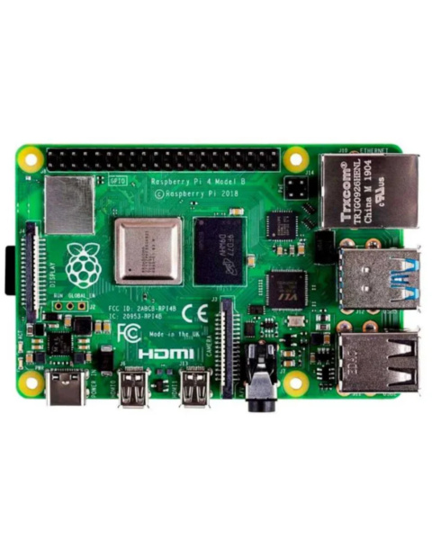 Raspberry Pi 4 Model B 1GB Top View, RPi4 BCM2711 Processor Close-up, Raspberry Pi 4 Ports Side View, Raspberry Pi 4 1GB RAM Module, Raspberry Pi 4 Box Packaging