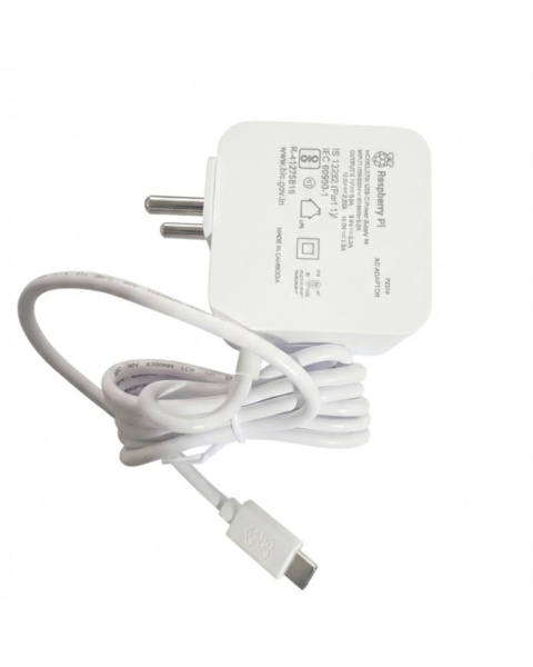 Official Raspberry Pi 27W USB-C Power Supply White Front View, SC1151 India Plug Detail, Raspberry Pi 5 Power Adapter Label Specs, USB-C Connector Close-up, Raspberry Pi 5 PSU Box Packaging