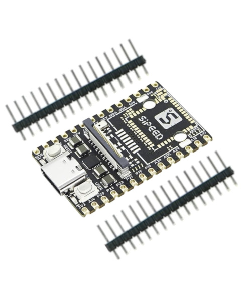 Sipeed LicheeRV Nano-B Front View, SG2002 Chipset Close-up, LicheeRV Nano Pinout Header, Size Comparison with Coin, Side Profile Showing PCB Thickness