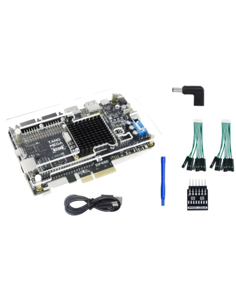 Sipeed Tang Mega 138K Pro Dock Main Board, Top View of FPGA and Ports, Side View showing PCIe connector, Tang Mega 138K SFP+ Ports close-up, Kit Contents Basic Package