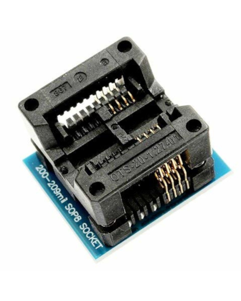 SOP8 to DIP8 200-209 mil IC Programmer Adapter Socket, Wide body SMD IC test socket top view, SOP8 adapter pins and locking mechanism, 209 mil SOP8 programming socket bottom view, SOP8 to DIP8 adapter with EEPROM chip