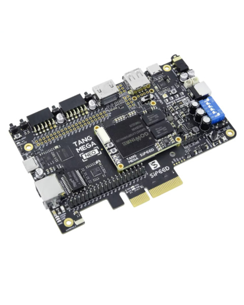 Sipeed Tang Mega 138K Pro Dock Main Board, Top View of FPGA and Ports, Side View showing PCIe connector, Tang Mega 138K SFP+ Ports close-up, Kit Contents Basic Package