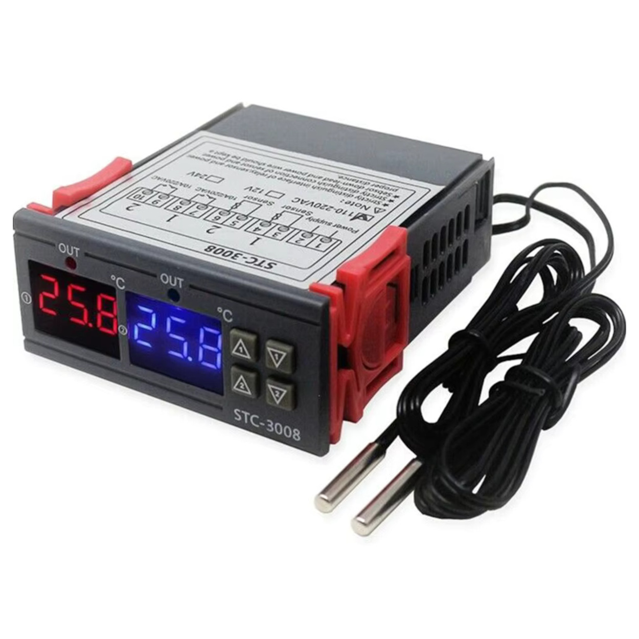 STC-3008 12 VDC Dual Display Digital Temperature Controller with NTC  Probe Relay Output