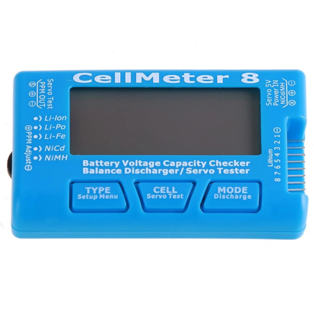 CellMeter 8 Digital Battery Capacity Checker & Servo Tester 1S-8S LiPo/LiFe/Li-Ion  PWM Gen Backlit LCD Diagnostic Tool