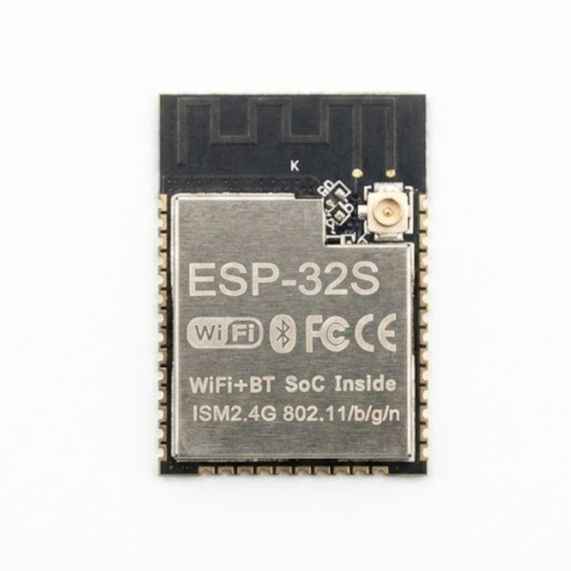 ESP-32S WiFi and BLE IoT Wireless Module front view; 2. ESP-32S u.FL antenna connector close-up; 3. ESP-32S surface mount bottom pin pads; 4. ESP-32S module connected to external 2.4GHz antenna; 5. ESP-32S module dimensions and scale