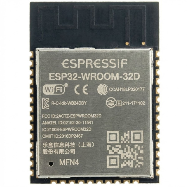 Top view of ESP32-WROOM-32D module showing Espressif shield, 2. Bottom view highlighting castellation pins for SMD soldering, 3. PCB antenna close-up on ESP32 module, 4. ESP32-WROOM-32D size comparison next to a coin, 5. ESP32 module ready for custom IoT 