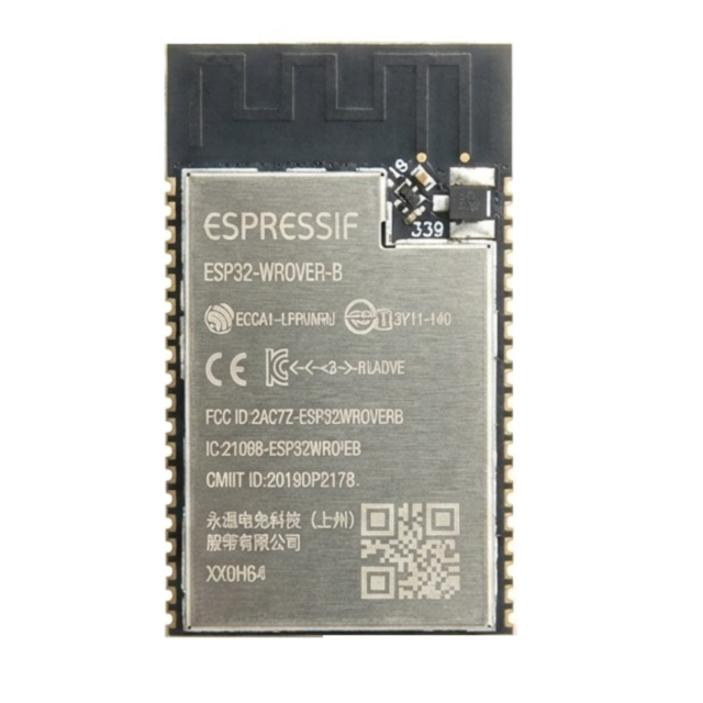 Top view of Espressif ESP32-WROVER-B module showing shield and PCB antenna, 2. Bottom pinout view of ESP32 WROVER module, 3. ESP32-WROVER-B 8MB Flash 8MB PSRAM size comparison, 4. ESP32 WROVER chipset for IoT applications, 5. Espressif ESP32-WROVER-B wiri