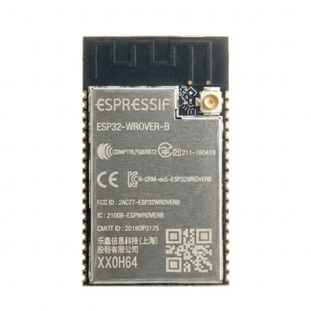 Espressif ESP32-WROVER-IB Module Top View, ESP32-WROVER-IB IPEX Connector Detail, ESP32-WROVER-IB Bottom Pinout View, ESP32-WROVER-IB Size Comparison with Coin, ESP32-WROVER-IB Module with External Antenna attached