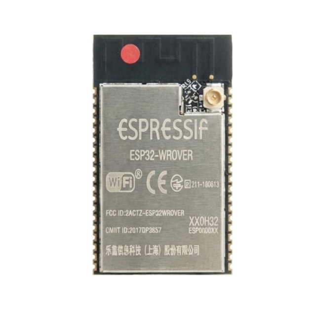 ESP32-WROVER-IPEX 4MB Module Front View, ESP32 IPEX U.FL Antenna Connector Detail, ESP32 WROVER Bottom Pinout, ESP32 WROVER Module Dimensions, ESP32 WROVER wired to external antenna