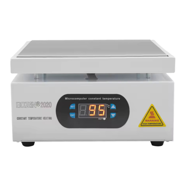 700W Microcomputer Soldering Hot Plate Front View, Digital Temperature Display Close-up, 200x200mm Aluminum Heating Surface, Professional PCB Preheating Setup, ProMax Hot Plate Packaging