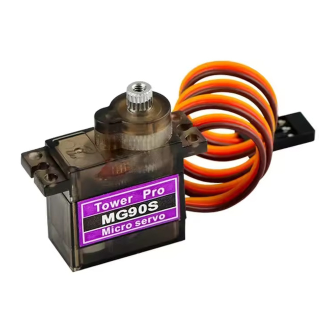 MG90S Metal Gear Micro Servo Motor front view, MG90S Servo wired to Arduino Uno, MG90S Micro Servo size comparison with coin, MG90S Servo complete kit with horns and screws, Metal gears close up inside MG90S servo