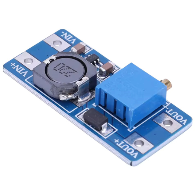 MT3608 Step Up Boost Module Top View, MT3608 2A Power Regulator Bottom View, MT3608 Boost Converter Scale Context, MT3608 Ste