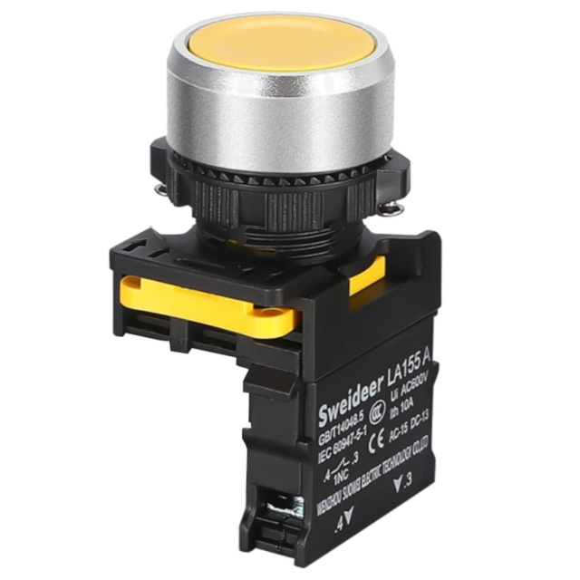 Promax LA155A 10A 22mm Flat Round Head Push Button Momentary Switch Yellow 1NC IP65