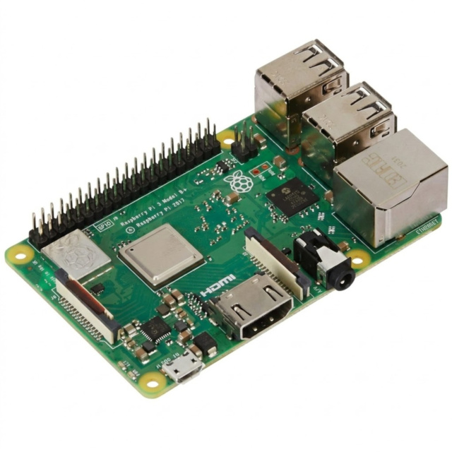 Raspberry Pi 3 Model B+ Top View, RPi 3 B+ Ports and Connectors, Raspberry Pi 3 B+ Bottom View, Raspberry Pi 3 B+ Processor Close Up, RPi 3 B+ with Official Box Packaging