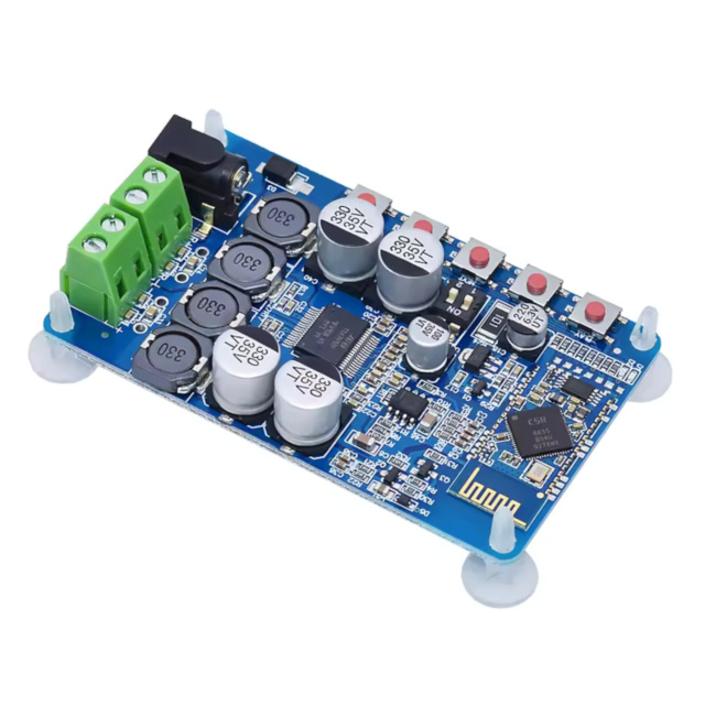 Top view of TDA7492P Bluetooth Audio Amplifier Board 2. Close up of TDA7492P Class-D amplifier IC 3. Audio output terminals and power input jack 4. Integrated Bluetooth antenna and receiver chip 5. TDA7492P amplifier board size comparison