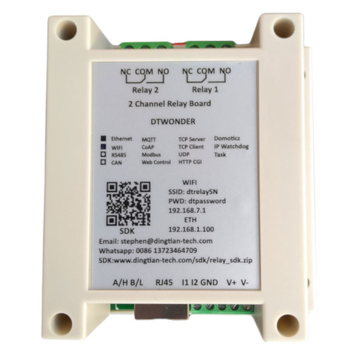 DT-R002 2-Channel Ethernet Relay Module WiFi LAN RS485 Modbus RTU DIN Rail Housing 