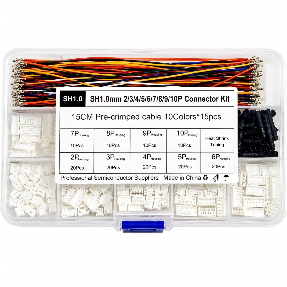  JST Connector SH1.0mm Assorted Socket Kit  3 to 12 Pin, Pre-Crimped Cables with Heat Shrink