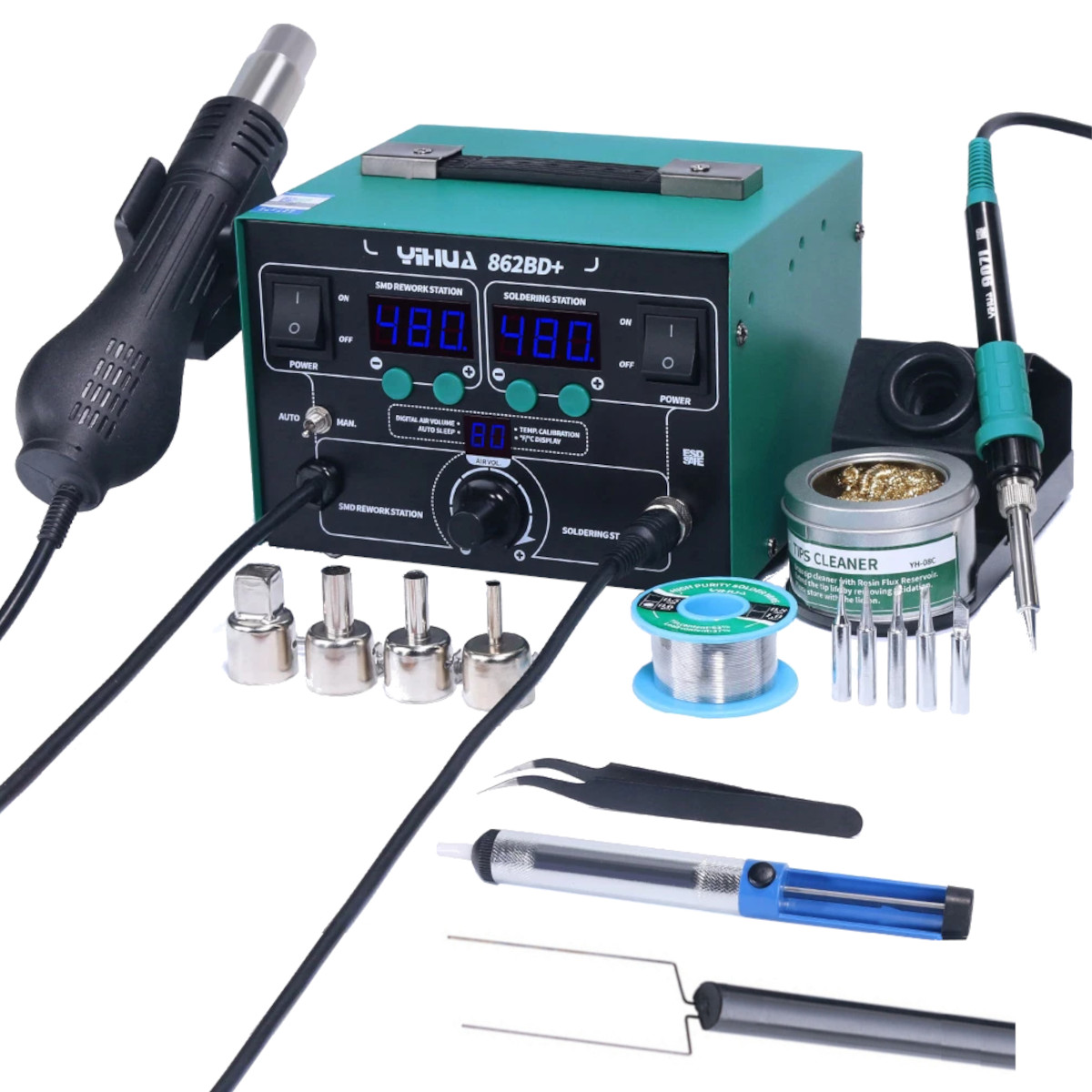 Yihua 862BD+ 2-in-1 SMD Rework Station - Hot Air Gun & 60W Soldering Iron (EU Plug)
