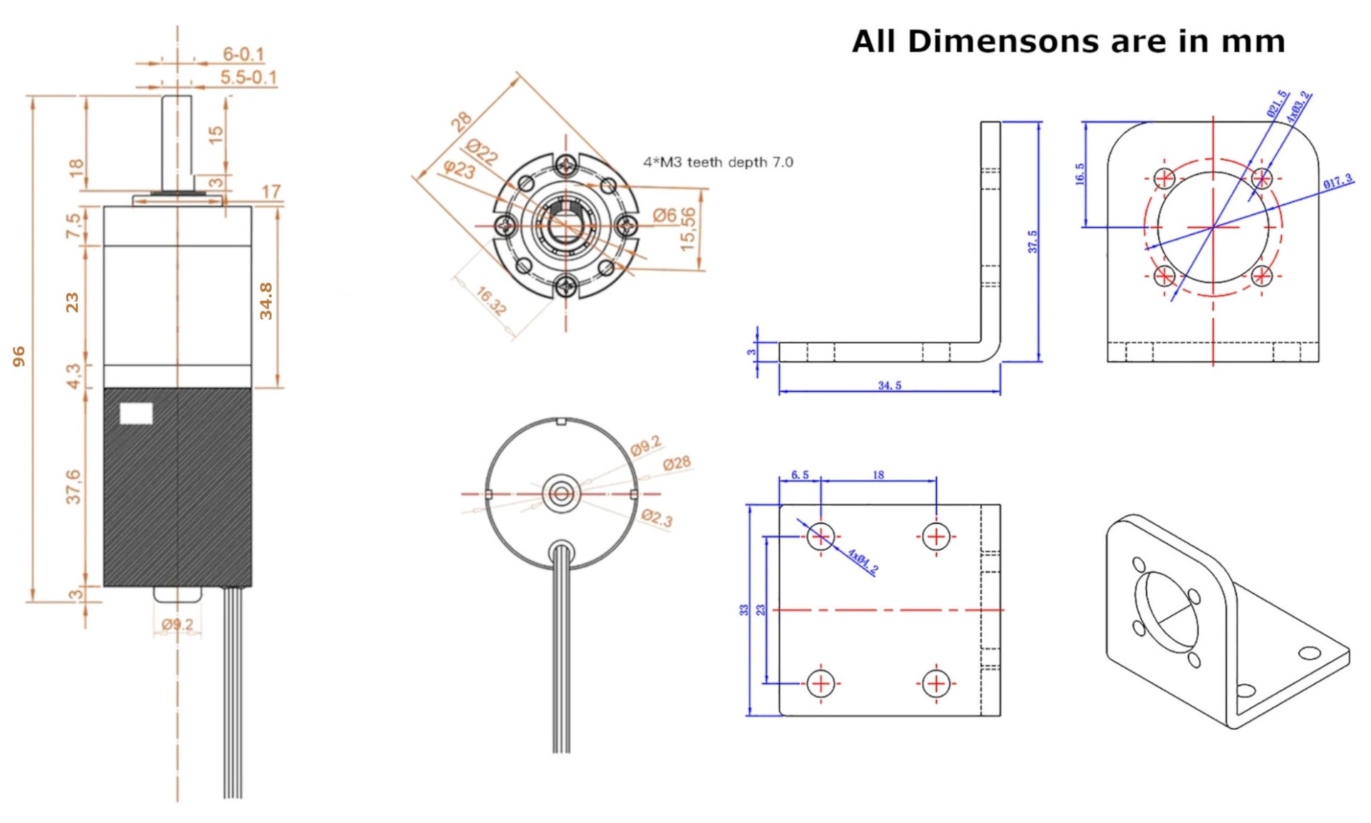 2838 Planetary Gear Brushless DC Motor-Dimensions
