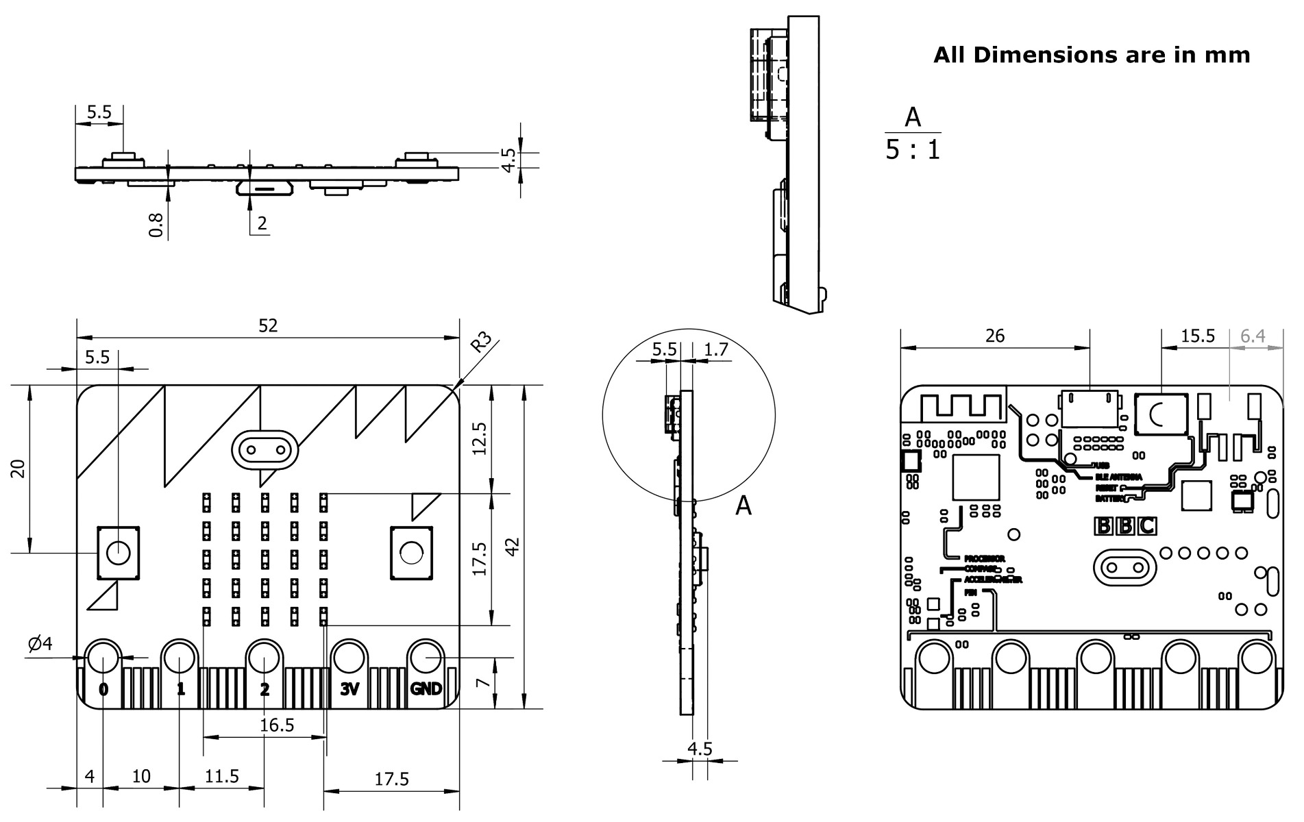 BBC Micro Bit V1.5 Development Board - Dimensions
