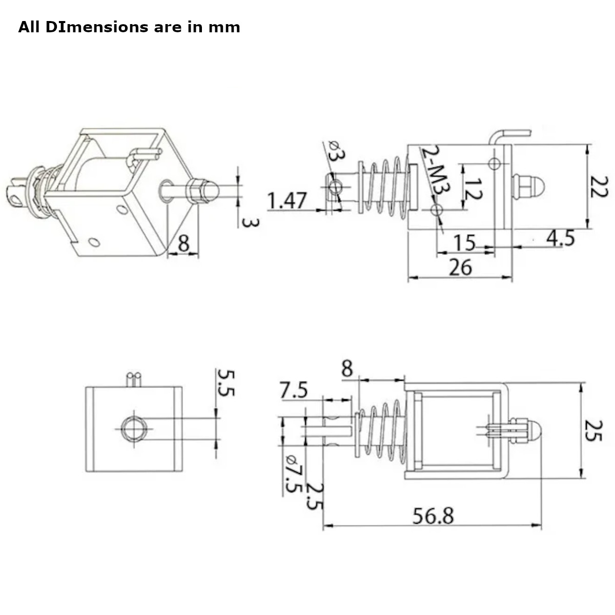 DC 12V 0.8KG 0826B Solenoid Push-Pull Linear Actuator Motor Electromagnet - Dimensions