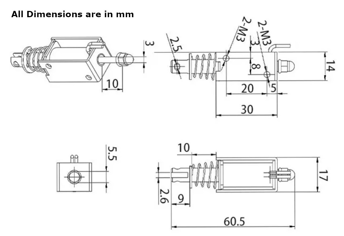 DC 6V 0.8KG 0730V Solenoid Push-Pull Linear Actuator- Dimensions