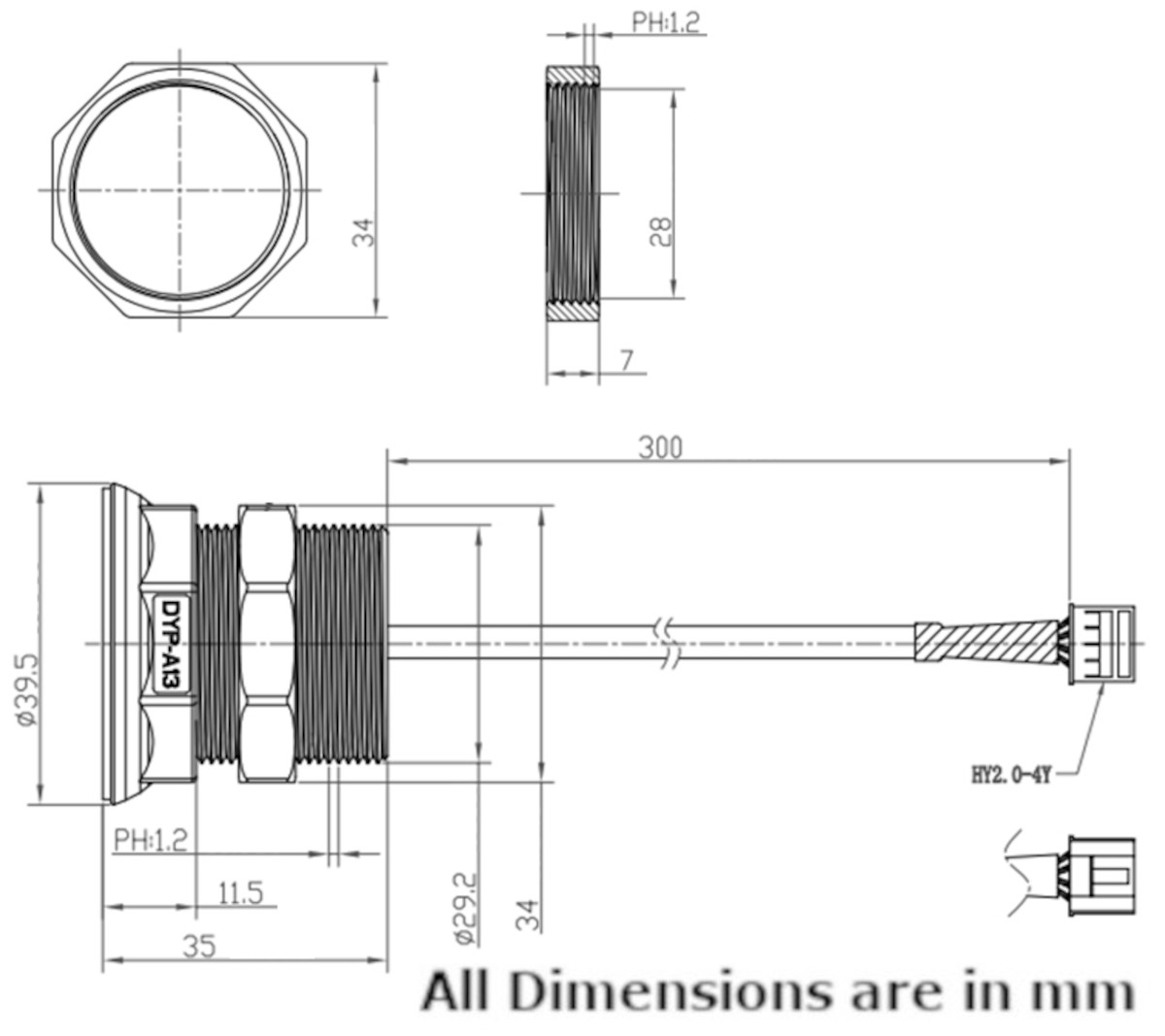 PB-A13 Ultrasonic Distance Sensor Dimensions