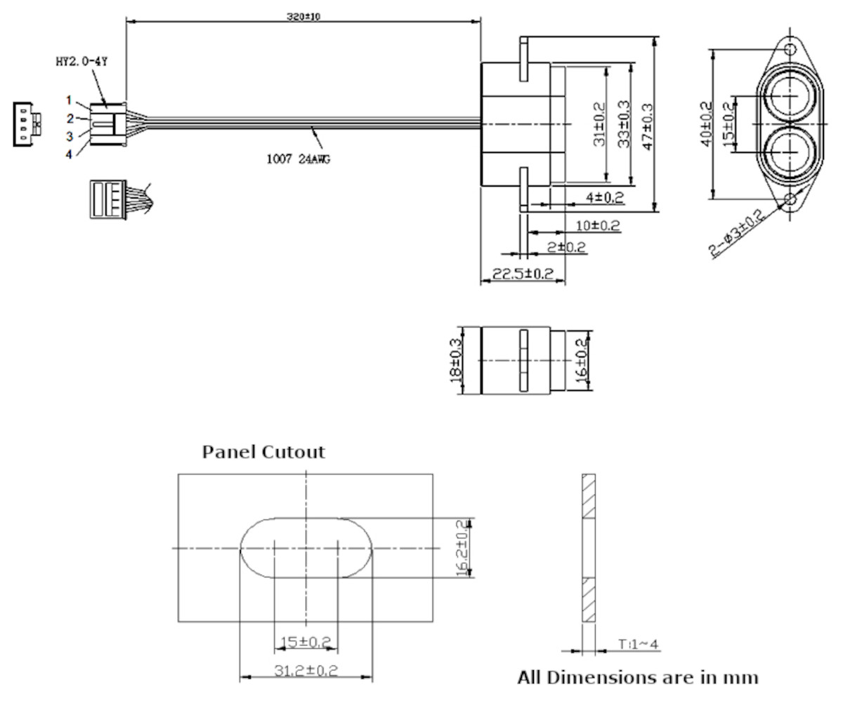 PB-A22 Ultrasonic Obstacle Avoidance Sensor Dimensions