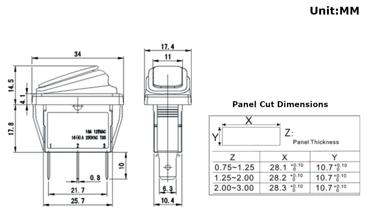ProMax 16A 250V SPST Rocker Switch ON OFF -Dimensions