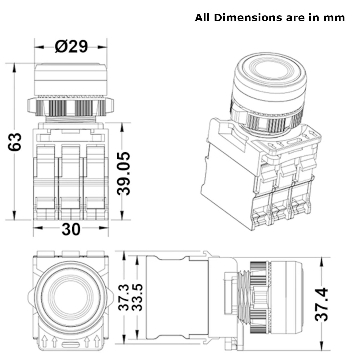 Promax LA155A 22mm Flat Round Head Push Button - Dimensions