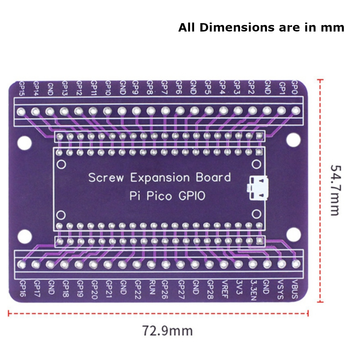 Raspberry Pi Pico Expansion Board - Dimensions