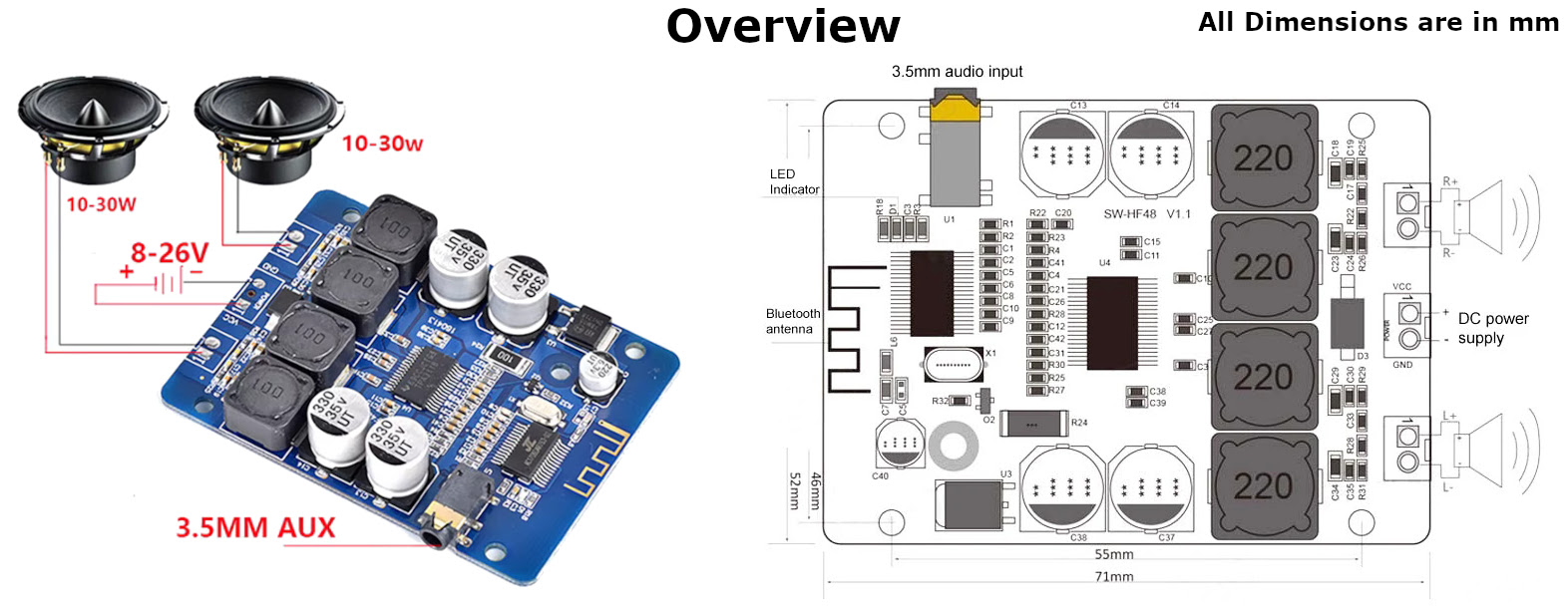 Probots TPA3118 XH-M314 2 x 45w Dual Channel Digital Power Audio