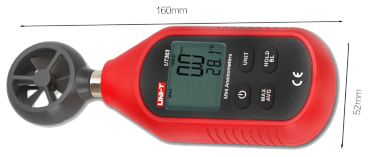 UT363 Digital Mini Anemometer - Dimensions